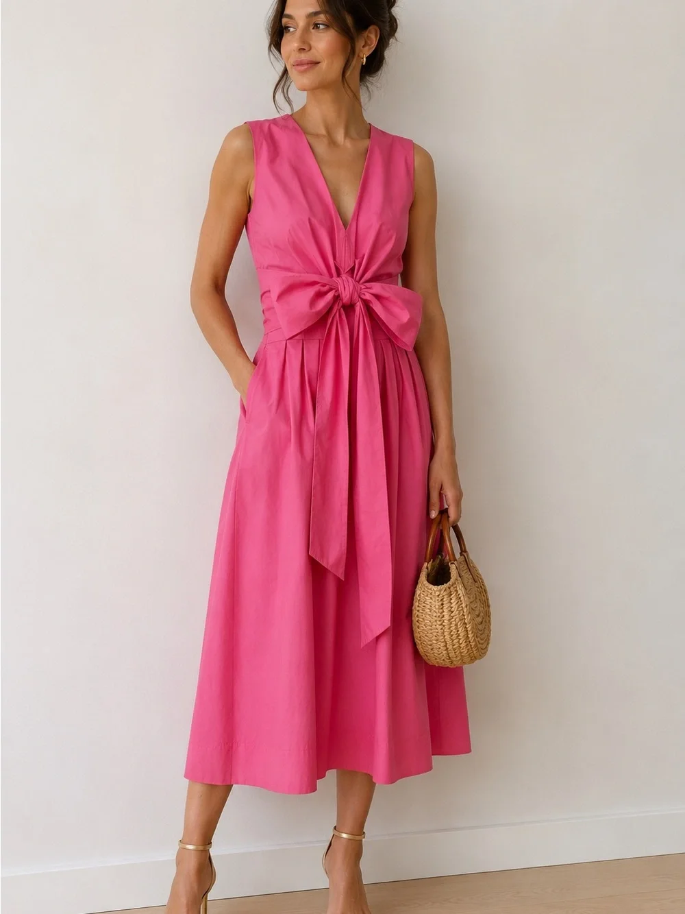 J. Crew Hot Pink Midi Dress with Front Bow - Picture 1 of 4